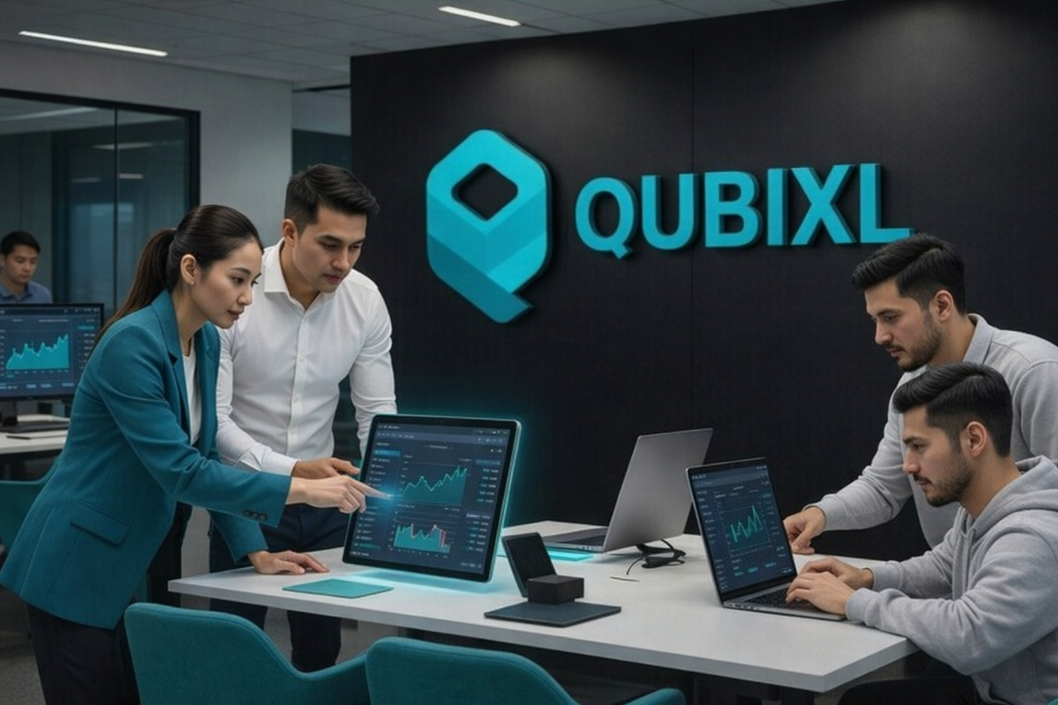 Qubixl Team in Futuristic Workspace
